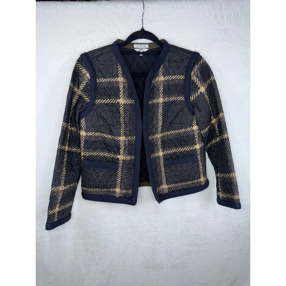 LL Bean Women Size 6 Quilted Thinsulate Plaid Jacket Navy Trim Charcoal Tan